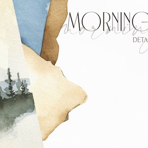 May include: A watercolor illustration of a forest scene with a blue and brown background. The text "MORNING DETAILS" is written in black at the top of the image.