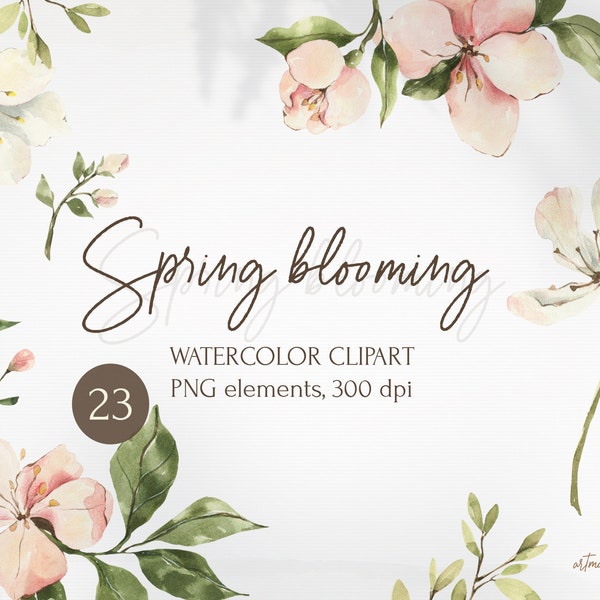 Watercolor Spring Blooming pink Flowers clipart. Apple Cherry Blossom set. Floral Greenery PNG elements for instant download. Wedding design