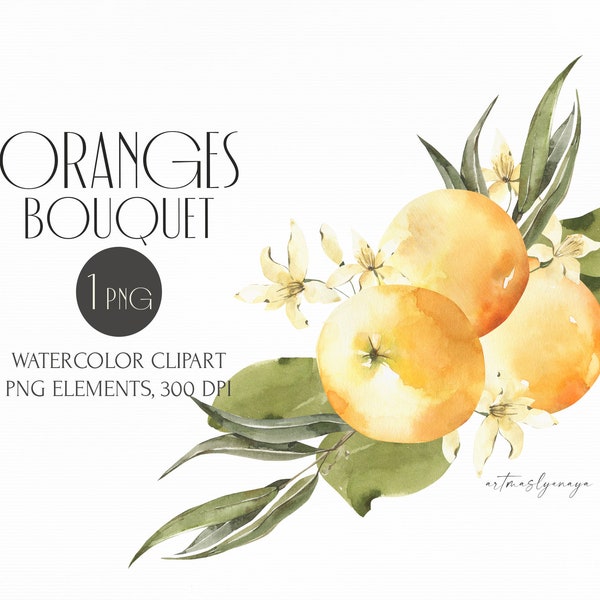 Watercolor Orange bouquet clipart. Oranges fruits, eucalyptus leaves, orange blooming. Summer tropical plants. Juicy wedding arrangement png