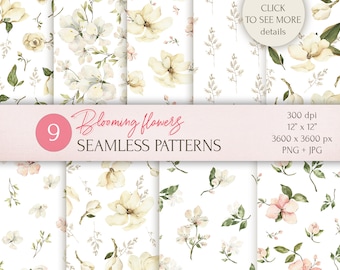 May include: Nine watercolour seamless patterns featuring blooming flowers in shades of white, pink, and green. The patterns are 3600 x 3600 pixels and are available in PNG and JPG formats.