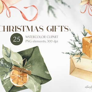 Clipart Noël aquarelle de cadeaux, emballages et rubans à télécharger instantanément. Éléments d'hiver dessinés à la main. PNG orange séchée, jouets, boîtes.