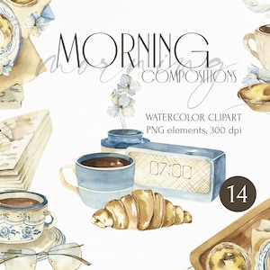 Aquarell Clipart von Morgenkompositionen. Lebensmittel, Frühstück Illustrationen: Tassen Kaffee, Tee, Pastel de Nata, Eclair, Croissants png.