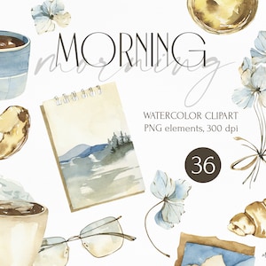 Clipart ad acquerello di elementi del mattino. Illustrazioni di planner: tazze di caffè, tè, pastel de nata, éclair, croissant, libri, chinoiserie