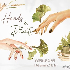 Puede incluir: Conjunto de clipart de acuarela de manos y plantas. El conjunto incluye 11 elementos PNG a 300 dpi. Las manos están pintadas en un estilo realista y las plantas son estilizadas. El conjunto es perfecto para crear invitaciones, tarjetas y otros proyectos digitales.