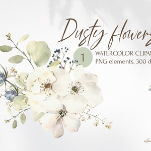 Ramo floral de acuarela de flores polvorientas, hojas de eucalipto y cardo para descarga instantánea. Arreglo de boda para tarjetas de invitación.