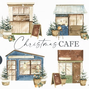 Aquarel Christmas Cafe clipart, wintervakantie tijd, kerstbomen, Pine Brunches decor png. Digitale Kerst, Nieuwjaar illustratie