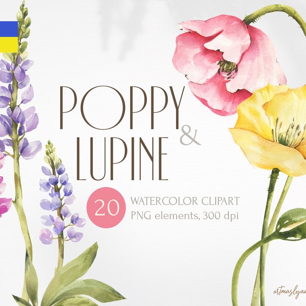 Watercolor Summer Flowers clipart. Floral elements: yellow and pink poppy, blue, violet lupins flower and leaves in PNG. Lupine collection