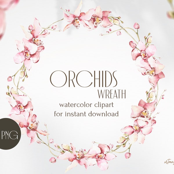 Aquarelle Couronne d’orchidées. Arrangement de mariage floral PNG. Fleur d’orchidée, fleurs à floraison estivale. Espace pour votre texte. Douche nuptiale.