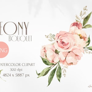 Aquarell Pfingstrose Bouquet. Floral Zusammensetzung für Hochzeitseinladungen, Karten zum Muttertag, Brautdusche. Clipart png zum sofortigen Download