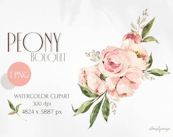 Watercolor Peony bouquet. Floral composition for Wedding invitations, cards to Mother's day, Bridal shower. Clipart png for instant download