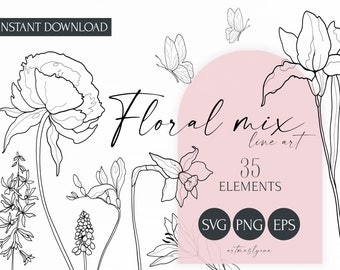 Floral Botanische SVG Line Art zum direkten Download. Frühlingsblumen Mix, Pfingstrose, Tulpen, Iris, Narzisse, handgezeichnet Clipart. KOMMERZIELLE NUTZUNG.