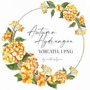 Clipart de couronne florale d'hortensias d'automne. Image numérique aquarelle png, fleurs d'automne, soupir de couronne personnalisée, fleur d'oranger