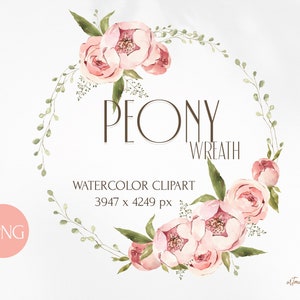 Clipart de corona de peonías en acuarela. Composición floral PNG para boda. Flores de primavera, vegetación, follaje, flores florecientes. Espacio para tu texto.
