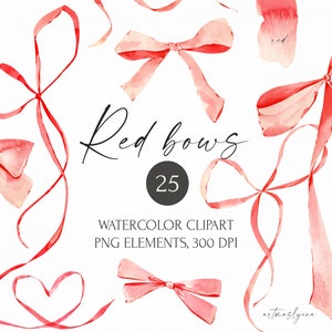 Watercolor Red Bows and ribbons collections. Digital Birthday party png illustrations. Gifts design clipart. Bright red decoration artwork.