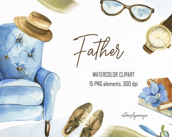 Watercolor set to Father's Day. Unique clipart in PNG for instant download. Man accessories. Daddy fest. Fishing, business, reading hobbies