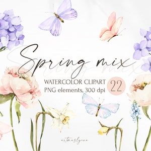 Mistura de clipart de flores de primavera em aquarela, borboletas. Imagens digitais de flores, peônia, hortênsia, narciso, margarida, tulipas, ilustrações florais.