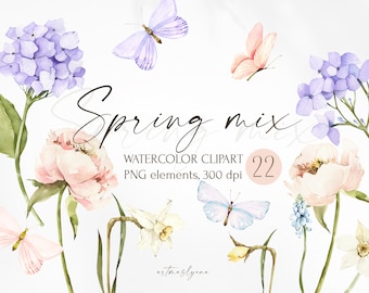 Watercolor Spring Flowers, Butterflies clipart mix. Digital blossom images, Peony, Hydrangea, Narcissus, Daisy, Tulips floral illustrations.