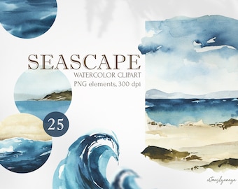 May include: A set of 25 watercolor clipart illustrations of seascapes. The illustrations feature blue and white water, sandy beaches, and green hills. The text "SEASCAPE WATERCOLOR CLIPART PNG elements, 300 dpi" is included in the image.