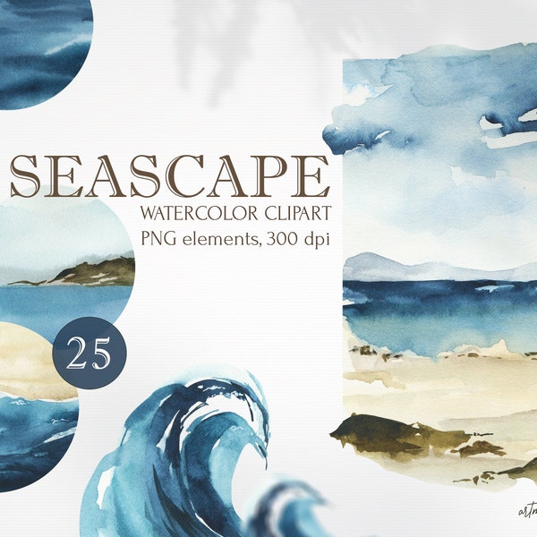Watercolor Seascape clipart. Ocean views, waves, sea and sand textures. Sea landscape paintings for instant download in PNG. Digital marine