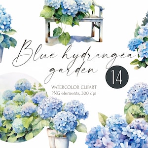 Acquerello blu Hydrangea Garden clipart, giardinaggio. Casa, birdhouse, teneri fiori, bocciolo, annaffiatoio, scatola, paesaggio, giardino, secchio
