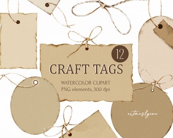 Watercolor craft tags, decoration gift cards, digital images for instant download png. Space for text, rope, bows, empty gift cards.