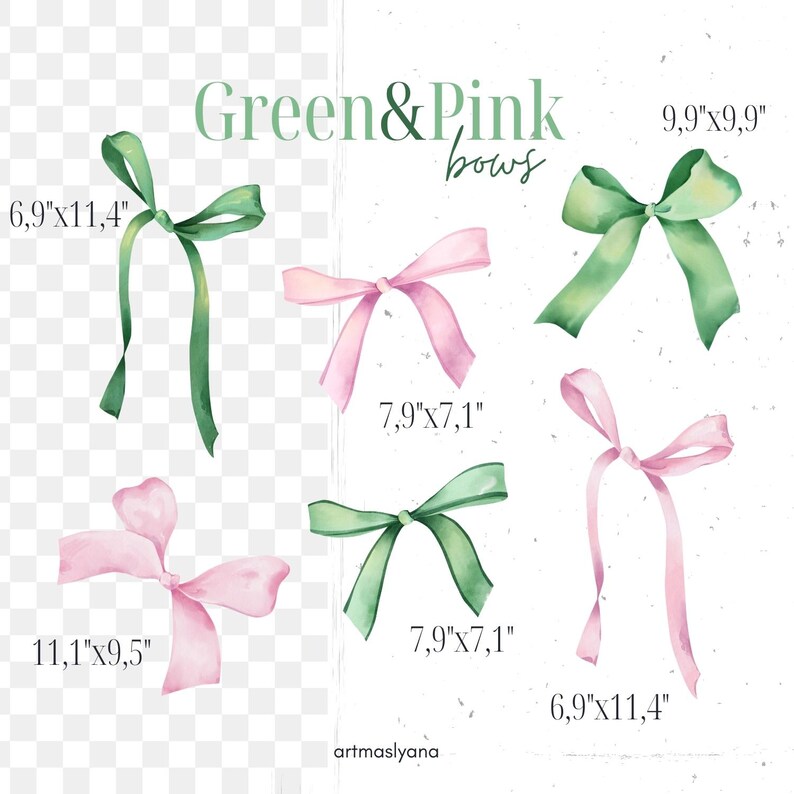 May include: Set of six watercolor illustrations of green and pink bows. The bows are tied in different styles and sizes. The illustrations are labeled with measurements in inches.