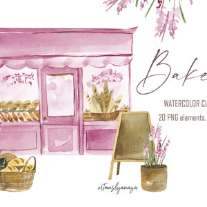 Aquarell Cliparts von Bäckereien und Cafés. Gebäck, Konfekt, Backwaren, Brot, Croissant, Macaron zum sofortigen Download. Rosa gemütliches Café PNG