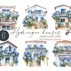 Aquarell Hortensie Häuser Clipart, Portugal Haus Blüte, blühende Illustration png, digitales Bild, kostenlose kommerzielle Nutzung, sofortiger Download