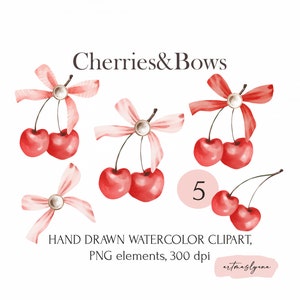 Aquarell Rosa Schleifen und Kirschen Clipart, digitale Mädchen Ästhetik Bilder, Kokette Clipart, Pastell Blush Bögen und helle Kirschfarben png