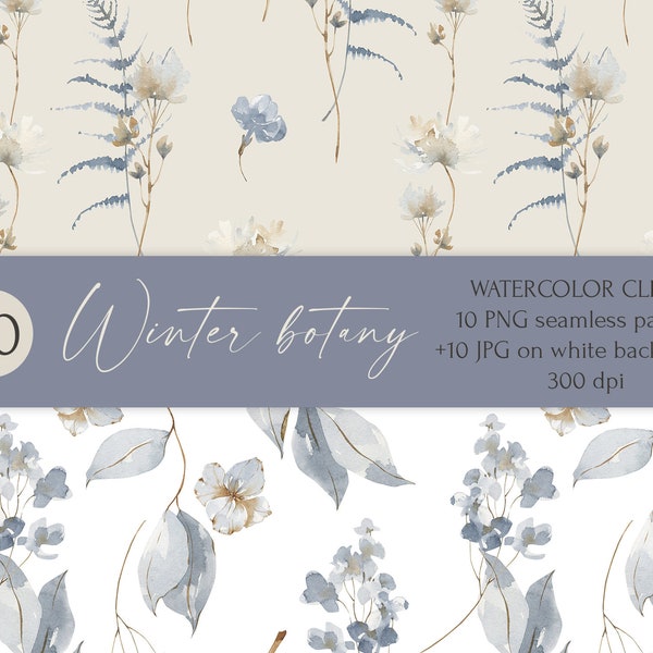 Watercolor Seamless patterns of winter botany clipart. Winter leaves, flowers, branches, berries digital paper. Trendy wedding prints in png