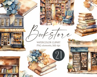 May include: Watercolor clipart set of a bookstore with a blue and white striped awning, a bookshelf, a stack of books, a chair, and a hydrangea flower. The set includes 21 elements and is perfect for creating digital or printed designs.