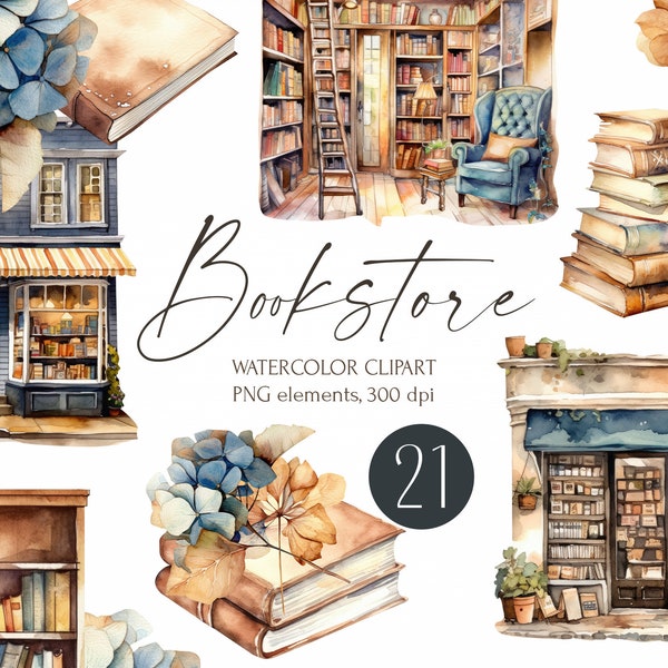 Watercolor bookstore clipart, books, trendy store, bookshelf, reading, booklover collection for instant download, commercial use png images.