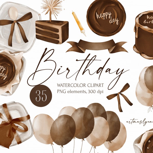 Watercolor hand painted Birthday clipart, Bento cakes, chocolate cake, balloons, bow, party elements, festive, Happy Birthday digital images