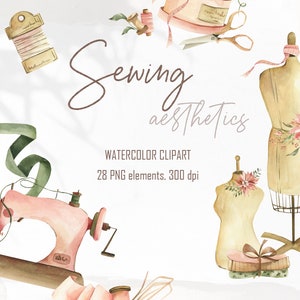 Watercolor Sewing aesthetics clipart. Digital painted tools, sewing machine, fashion, sew compositions, scissors, needle, stitching in PNG.