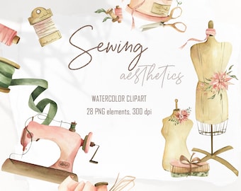 Watercolor Sewing aesthetics clipart. Digital painted tools, sewing machine, fashion, sew compositions, scissors, needle, stitching in PNG.