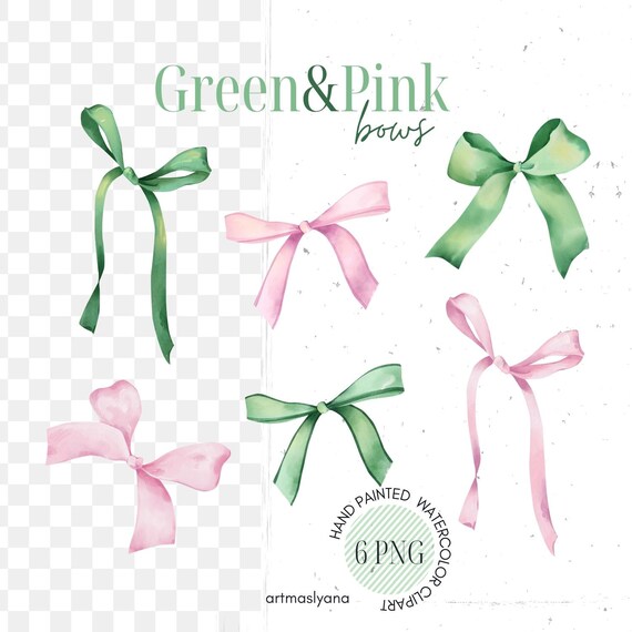 Watercolor Preppy Green and Pink Bows, Preppy Coquette Sublimate, Party Decorative Images png, Aesthetic Digital Ribbon Bow, Trendy Clipart