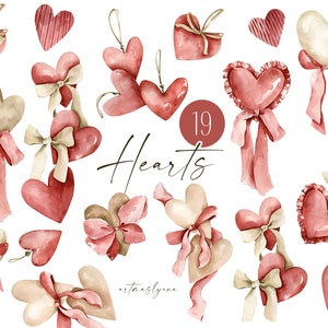 Clipart de San Valentín en acuarela, imágenes digitales de amor, mousse de moca beige, corazones rosados, lazos, gráficos png festivos, arte pintado a mano
