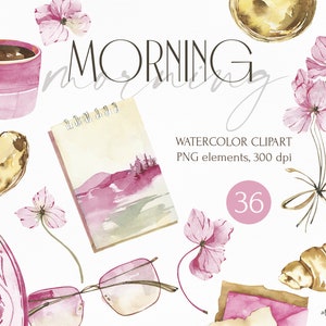 Clipart ad acquerello di elementi del mattino. Illustrazioni di planner: tazze di caffè, tè, pastel de nata, éclair, croissant, libri, fiori png.