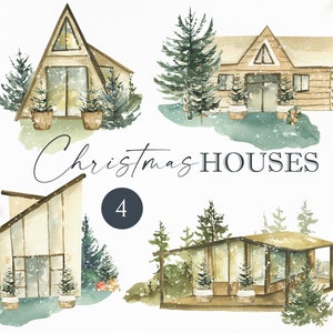 Aquarel kersthuizen clipart, wintervakantie tijd, kerstboom, Nieuwjaar buiten decor png. Digitaal kerstillustratieontwerp
