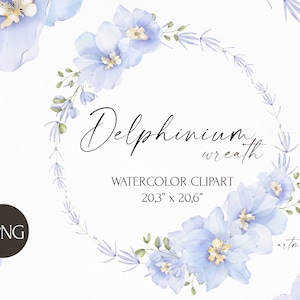 Corona de acuarela de flor de delfinio. Imágenes prediseñadas de boda PNG florales. Vegetación, hojas, follaje, brotes, flores en flor. Espacio para su texto.