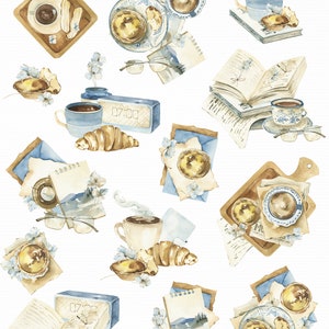 May include: Watercolor illustrations of a morning routine, including coffee, croissants, books, a clock, and a newspaper. The illustrations are in shades of blue, brown, and beige.