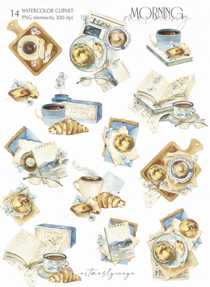 May include: Watercolor illustrations of a morning routine, including coffee, croissants, books, a clock, and a newspaper. The illustrations are in shades of blue, brown, and beige.