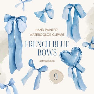 Aquarell handgemalte Clipart Französische Blaue Farbe Bögen, digitaler Download Bilder, zarte blaue Schleifensammlung, Vintage Band, Herz png