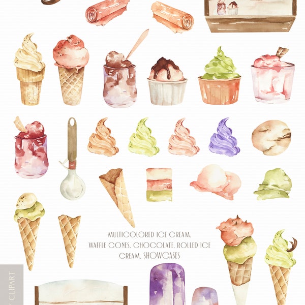 Watercolor ice cream clipart.  Ice cream waffle cone, ice cream scoops, chocolate, caramel, fruit. Sweet summer clipart for instant download