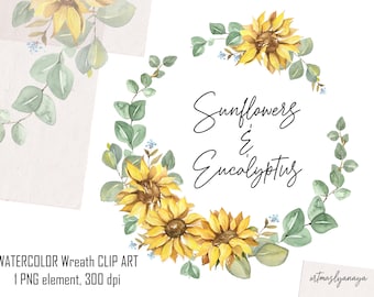 Watercolor Wreath Sunflowers and Eucalyptus. Hand painted clipart in PNG for instant download. Floral DIGITAL wreath. Flowers and leaves art
