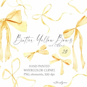 Laços amarelos pastel aquarelados, elementos festivos pintados à mão na cor amarelo manteiga da moda, laço decorativo, ilustrações digitais de aniversário