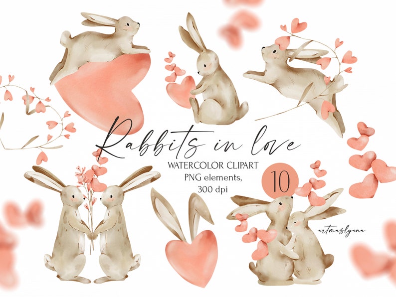 Watercolor Clipart Valentine's Day, Rabbits in Love, Bunny Images, Cute ...