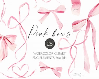 Watercolor Pink Bows and ribbons collection. Digital Birthday png illustrations. Gifts design png clipart. Tender spring decoration artwork