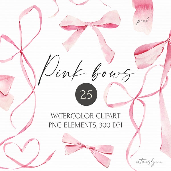 Watercolor Pink Bows and ribbons collection. Digital Birthday png illustrations. Gifts design png clipart. Tender spring decoration artwork
