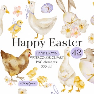 Aquarell Clipart Frohe Ostern, digitale handgemalte Frühlingsillustrationen, Ostertiere, Gans, Kaninchen, Küken, Huhn, niedliche png Bilder